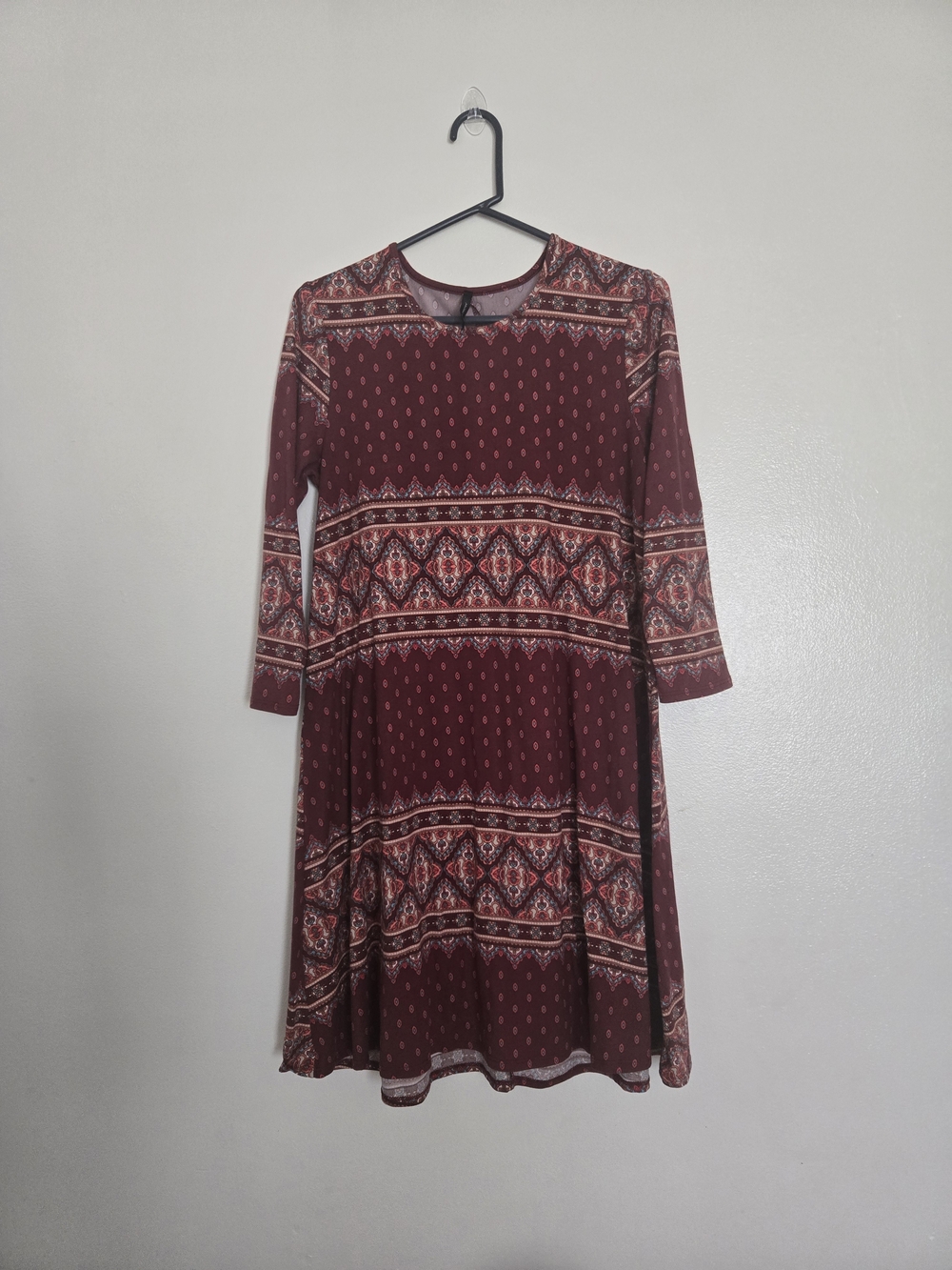 4/$15 Boho Printed Long Sleeve Swing Dress - Burgundy Retro Cottagecore - Picture 2 of 7